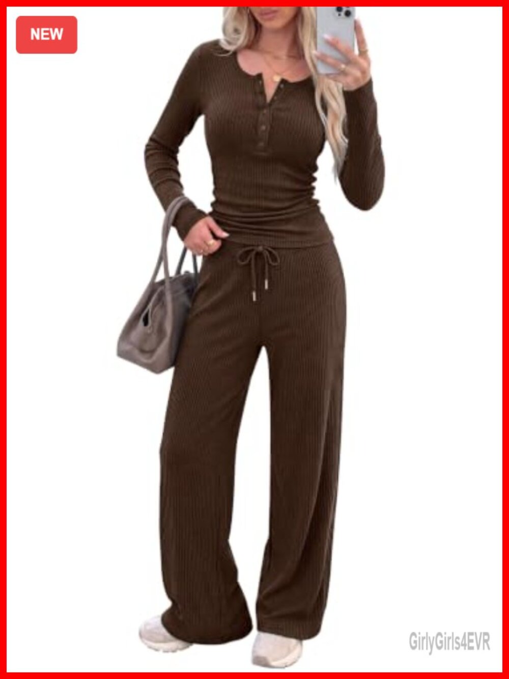 Ribbed Knit Two Piece Lounge Set Women Long Sleeve Henley Wide Leg Pants
